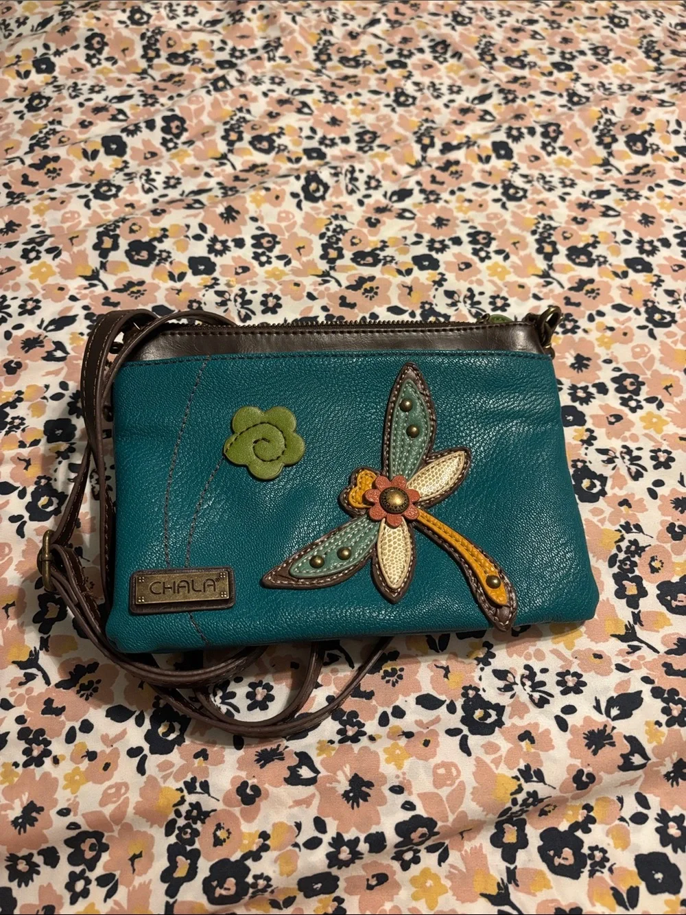 Chala Teal Dragonfly Applique Crossbody Bag with Brown Strap